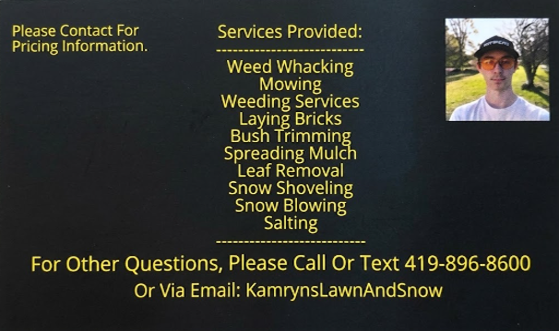 Kamryn's Lawn and Snow business card — call or text 419-896-8600